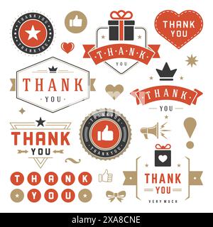 Set di elementi tipografici di ringraziamento etichette e distintivi. Cuori, nastri, icone Thumb Up e corone. Per biglietti di auguri, emblemi, adesivi, etichette, Illustrazione Vettoriale