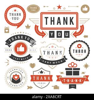 Set di elementi tipografici di ringraziamento etichette e distintivi. Cuori, nastri, icone Thumb Up e corone. Per biglietti di auguri, emblemi, adesivi, etichette, Illustrazione Vettoriale