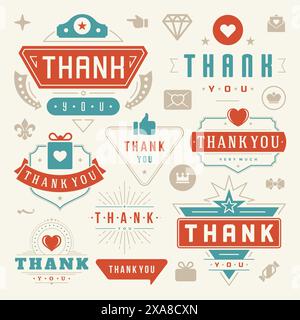 Set di elementi tipografici di ringraziamento etichette e distintivi. Cuori, nastri, icone Thumb Up e corone. Per biglietti di auguri, adesivi, etichette, poster A. Illustrazione Vettoriale
