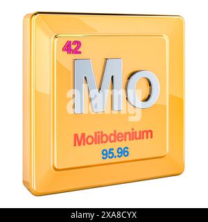 Molibdeno Mo, segno di elemento chimico con numero 42 nella tavola periodica. Rendering 3D isolato su sfondo bianco Foto Stock