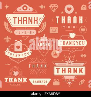 Set di elementi tipografici di ringraziamento etichette e distintivi. Cuori, nastri, icone Thumb Up e corone. Per biglietti di auguri, adesivi, etichette, poster A. Illustrazione Vettoriale