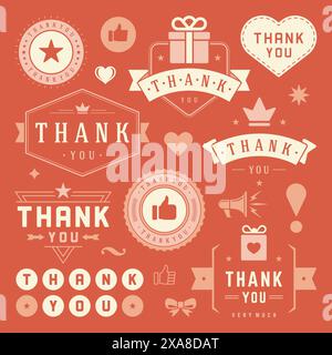Set di elementi tipografici di ringraziamento etichette e distintivi. Cuori, nastri, icone Thumb Up e corone. Per biglietti di auguri, adesivi, etichette, poster A. Illustrazione Vettoriale