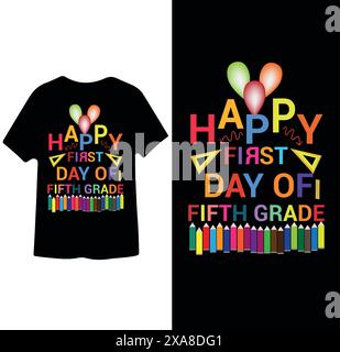 Buon primo giorno di quinta elementare, Back to School, buon 100° giorno t-shirt Design Illustrazione Vettoriale