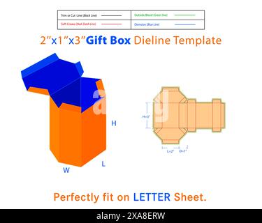 Confezione regalo L 2 x P 1 x H modello Dieline da 3 pollici. Una scatola è un contenitore con una struttura tridimensionale utilizzata per conservare, proteggere e trasportare gli articoli. Illustrazione Vettoriale