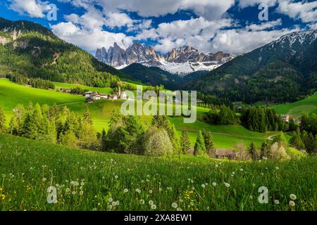 San Maddalena - Santa Maddalena con alle spalle il gruppo Odle, Dolomiti, Villnoss-Val di Funes, alto Adige, alto Adige, Italia Foto Stock