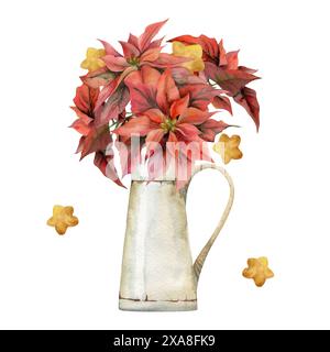 Fiori di punta rossa, foglie, baubles di stella d'oro. Illustrazione ad acquerello disegnata a mano, bouquet di vaso isolato su bianco. Natale, felice anno nuovo Foto Stock