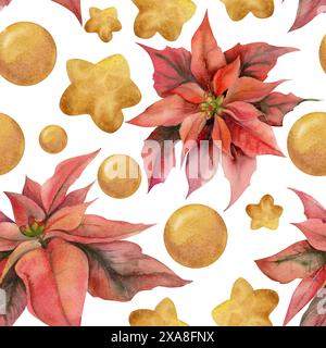 Fiori di punta rossa, foglie, baubles di stella d'oro. Illustrazione disegnata a mano in acquerello, motivo senza cuciture isolato su bianco. Natale, felice anno nuovo Foto Stock