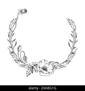 Illustrazione botanica vettoriale disegnata a mano fiori foglie. papavero rosso, steli cime di semi. Telaio a ghirlanda sfondo bianco isolato Illustrazione Vettoriale