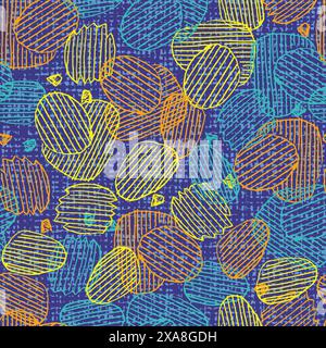 Patatine sovrapposte colorate a mano vettoriali motivo a ripetizione senza cuciture con sfondo a trama di tela. Adatto per tessuti, menu design e. Illustrazione Vettoriale