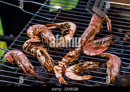 Piccoli gamberetti o grandi gamberi cucinati al barbecue, ottimo pasto e cibo sano Foto Stock