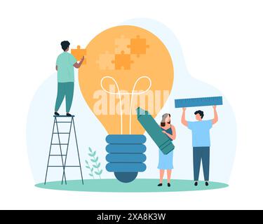 Soluzione aziendale, lavoro di squadra sul puzzle creativo a lampadina. Persone piccole che costruiscono una grande lampada con un seghetto alternativo, lavorano con un righello e un marcatore per creare un'idea e un'illustrazione vettoriale dei cartoni animati di collaborazione Illustrazione Vettoriale