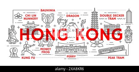 Viaggi a Hong Kong. Icone vettoriali culturali e architettoniche delle linee di riferimento. Convento chi lin, drago, bauhinia, tram a due piani e di punta, traghetto, rana dei soldi, insegne di kung fu in stile lineare rosso e nero Illustrazione Vettoriale