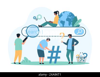 Ricerca di informazioni su Internet, ottimizzazione delle query di ricerca Web globale, servizi SEO. Le persone di piccole dimensioni ricercano dati e tag, utilizzano la barra del browser con l'illustrazione vettoriale del cartone animato in lente d'ingrandimento Illustrazione Vettoriale