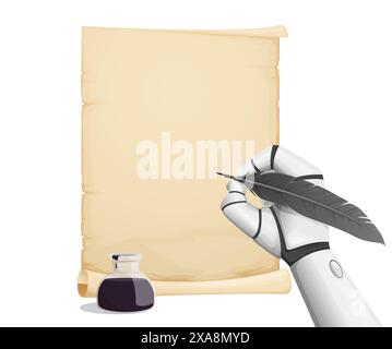 Robot scrive, apprendimento automatico. La mano robotica vettoriale 3d realistica sta scrivendo su un pezzo di carta o su un'antica pergamena con una penna a penna o a inchiostro. Tecnologia di intelligenza artificiale digitale, creatività Illustrazione Vettoriale