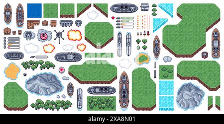 risorsa di gioco a 8 bit con pixel navy, sea battle e fight, set vettoriale di elementi di gioco arcade con vista dall'alto. Nave, sottomarino, aereo, acqua, erba e albero. Esplosioni, barra della salute, proiettili e missili, nuvole, rocce Illustrazione Vettoriale