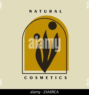 Modello con logo Vector floreale in uno stile elegante e minimalista. Logo illustrativo giallo nero con cosmetici minimalisti. Per badge, etichette, logotipi e reggiseno Illustrazione Vettoriale