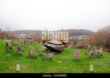 The Rocking Stone on Coedpenmaen Common era un luogo di incontro pubblico a Pontypridd dai cartisti ai druidi, anche il dottor William Price si rivolse al pubblico Foto Stock