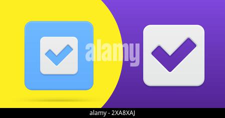 Semplice segno di spunta icona 3d pulsante quadrato Imposta illustrazione vettoriale. Simbolo di risposta approvata, d'accordo, scelta, completa, positiva alla domanda. Okay, succhia Illustrazione Vettoriale