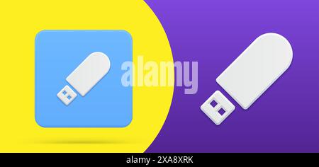 Immagine vettoriale semplice dell'icona 3d dell'unità flash USB. Logotipo di memoria elettronica portatile per l'archiviazione di contenuti multimediali. Salvare il backup del trasferimento di sicurezza c Illustrazione Vettoriale