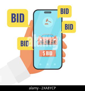 Asta online per la vendita di auto su app mobile, suggerimento di prezzo in bolle vocali. Mano umana che tiene il telefono, concorrente che chiede di acquistare un veicolo moderno rosso dall'illustrazione vettoriale del cartone animato sullo schermo dello smartphone Illustrazione Vettoriale