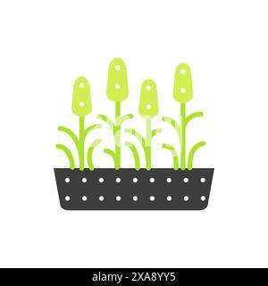 Vaso con piantine di piante domestiche, illustrazione vettoriale con icona a forma di linea nera e verde Illustrazione Vettoriale