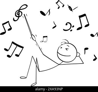 Persona che ascolta e ascolta musica, personaggio vettoriale a bastone o illustrazione del personaggio. Illustrazione Vettoriale