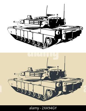 Illustrazioni vettoriali stilizzate di un carro armato da battaglia principale dell'esercito americano, M1 Abrams Illustrazione Vettoriale