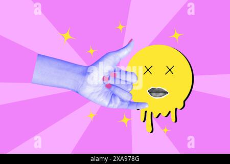 Grafica composita collage di foto 3D con piattaforma rosa dai colori vivaci gesti shaka sorriso stellare emoji viso occhi chiusi labbra femminili Foto Stock