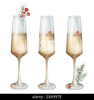 Illustrazione ad acquerello con bicchieri di vino bianco o champagne con ramoscello dell'albero di Natale e bacca rossa di ilex. Illustrazione del bicchiere di vino su isolato Foto Stock