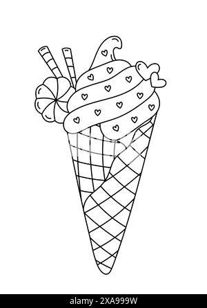 La pagina da colorare presenta un gelato decorato con gusto in Una tazza, un'attività colorata antistress per adulti Illustrazione Vettoriale