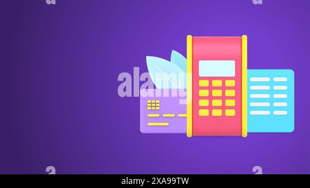 Terminale POS per e-commerce online di e-commerce e pagamento contactless con carta di credito e documento di contratto cartaceo illustrazione vettoriale isometrica con icona 3D. Pagando a. Illustrazione Vettoriale