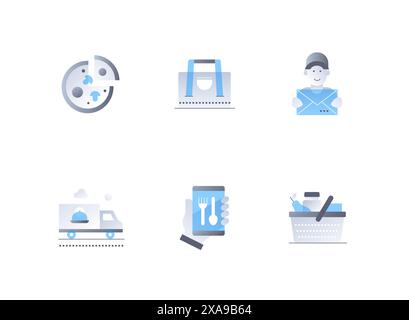Consegna e ordinazione di alimenti - Set di icone di stile piatto Illustrazione Vettoriale