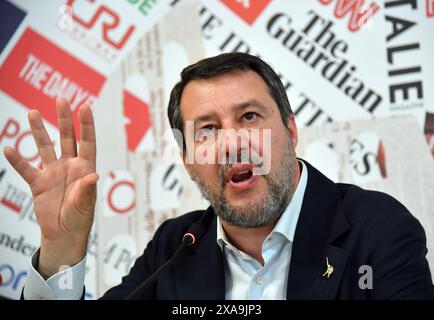 Italia, Roma, 5 giugno 2024: Matteo Salvini, leader della Lega, durante la conferenza stampa presso la sede della Stampa estera, in vista delle prossime elezioni europee. Foto © Fabio Cimaglia/sintesi/Alamy Live News Foto Stock