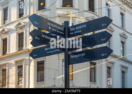 Oslo, Norvegia - 29 ottobre 2016: Frecce direzionali informazioni turistiche attrazioni e luoghi di interesse Sign in Capital City Centre. Foto Stock