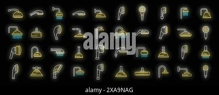 Le icone dei soffioni per doccia indicano il vettore del contorno. Bagno con acqua. Tubo flessibile in caduta colore neon su nero Illustrazione Vettoriale