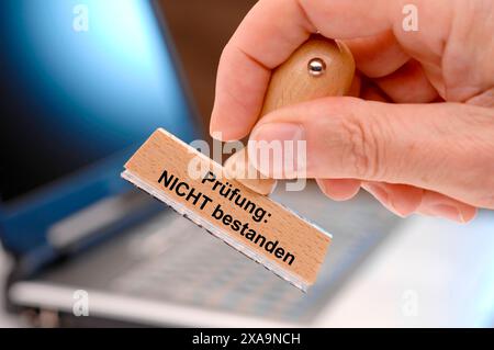 Holzstempel in der hand mit Aufdruck - Prüfung NICHT bestanden Eine hand hält einen Holzstempel mit dem Aufdruck - Prüfung NICHT bestanden *** legno Foto Stock