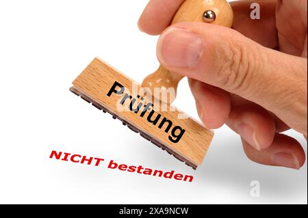 Holzstempel in der hand mit Aufdruck - Prüfung NICHT bestanden Eine hand hält einen Holzstempel mit dem Aufdruck - Prüfung NICHT bestanden *** legno Foto Stock