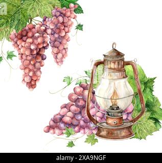 Acquerello raffigurante un mazzo di uva rosa e una lanterna d'annata. L'illustrazione è disegnata a mano, adatta per cartoline, clip art, tessuti Foto Stock