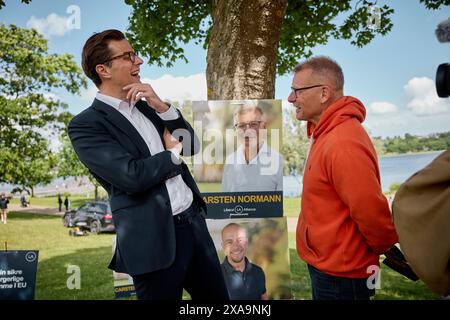 Skanderborg, Danimarca. 5 giugno 2024. Il leader dell'opposizione, Alex Vanopslagh, leader del partito dell'Alleanza Liberale, parla alla riunione della Costituzione nel parco cittadino di Skanderborg, mercoledì 5 giugno 2024 Credit: Ritzau/Alamy Live News Foto Stock