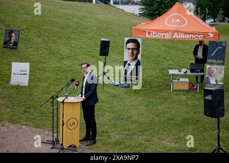 Skanderborg, Danimarca. 5 giugno 2024. Il leader dell'opposizione, Alex Vanopslagh, leader del partito dell'Alleanza Liberale, parla alla riunione della Costituzione nel parco cittadino di Skanderborg, mercoledì 5 giugno 2024 Credit: Ritzau/Alamy Live News Foto Stock