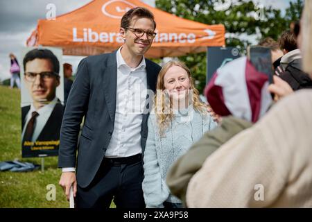Skanderborg, Danimarca. 5 giugno 2024. Il leader dell'opposizione, Alex Vanopslagh, leader del partito dell'Alleanza Liberale, parla alla riunione della Costituzione nel parco cittadino di Skanderborg, mercoledì 5 giugno 2024 Credit: Ritzau/Alamy Live News Foto Stock