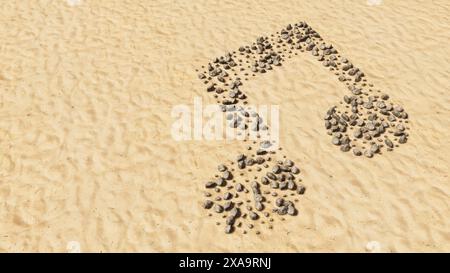 Concept pietre concettuali sulla spiaggia sabbia forma simbolo fatta a mano, sfondo di sabbia dorata, segno musicale. 3d metafora di illustrazione per melodia, tempo, multim Foto Stock