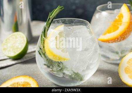 Cocktail Seltzer rigido e rinfrescante con limone e rosmarino Foto Stock