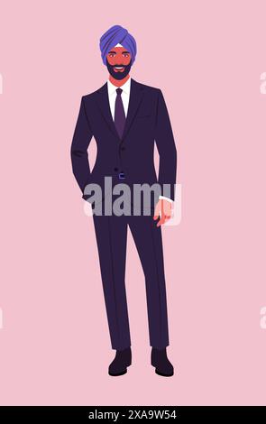 Il ritratto di un giovane Sikh con la barba in un turbante è a tutta lunghezza. Ritratto di un uomo d'affari. Illustrazione piatta vettoriale Illustrazione Vettoriale