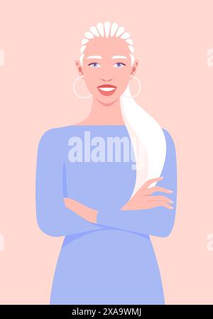 Ritratto di una donna africana albino in piedi con le braccia incrociate. Diversità. Illustrazione piatta vettoriale Illustrazione Vettoriale