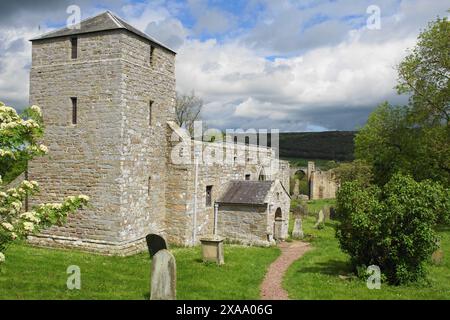 Chiesa di San Giovanni Battista a Edlingham costruita dai Normanni nel XII secolo, con il castello sullo sfondo, Northumberland, Inghilterra, Regno Unito Foto Stock