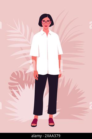 Ritratto di una donna asiatica di mezza età che sta in piena altezza. Illustrazione piatta vettoriale Illustrazione Vettoriale