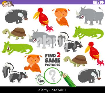 Illustrazione cartoni animati di trovare due stesse immagini gioco di attività educativa con personaggi animali Illustrazione Vettoriale