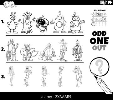 illustrazione a cartoni animati di una strana immagine fuori di fila gioco di attività educative con personaggi fumetti che colorano la pagina Illustrazione Vettoriale