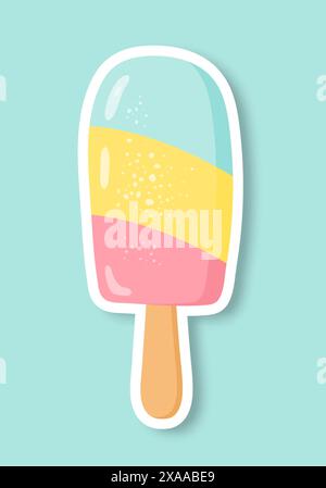 Un adesivo colorato con un cartoni animati evidenziato su uno sfondo blu. Gelato su bastoncino. Illustrazione Vettoriale